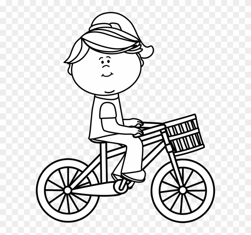 Black & White Girl Riding A Bicycle With A Basket - Bike Clipart Black And White #189428