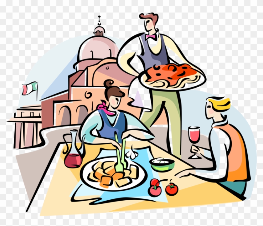 Vector Illustration Of Italian Waiter Serves Pasta - Free Restaurant Clip Art #1105320