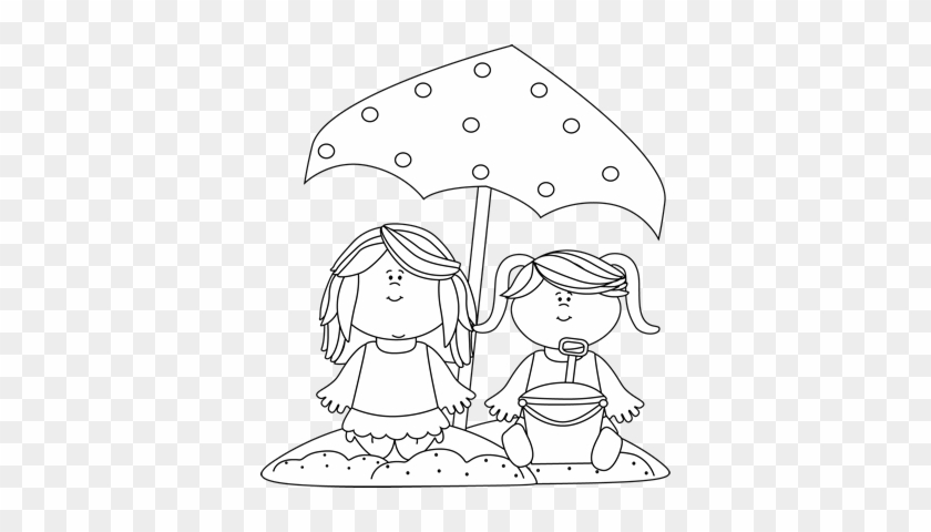 Black And White Girls Playing In The Sand Clip Art - Summer Vacations Clipart Image Black And White #1107423