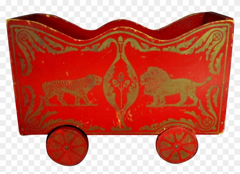 11" Antique Folk Art Red Wooden Circus Wagon Cart Lion - Carriage #1107473