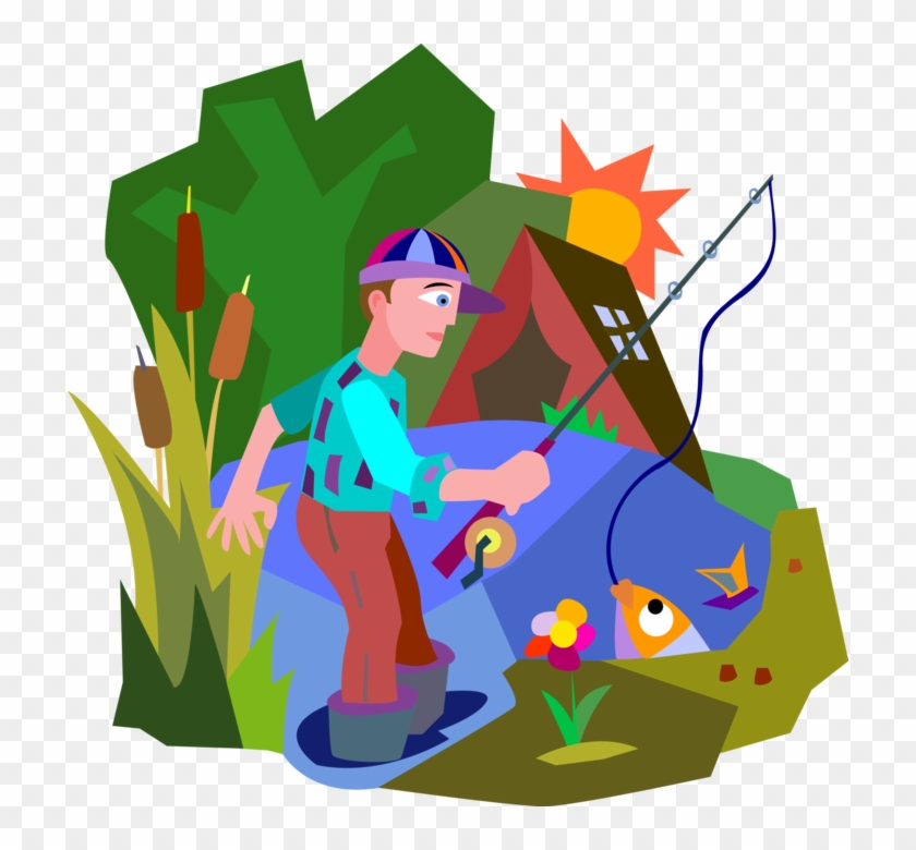 Vector Illustration Of Sport Fisherman Angler Fishing - Cartoon #1108606