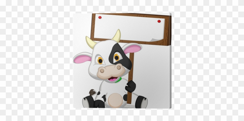 Cute Cow Cartoon With Blank Sign Canvas Print • Pixers® - Animal Name Tag Templates #1109982