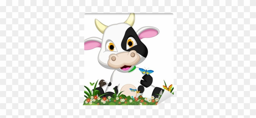 Cute Cow Cartoon On Flower Garden Wall Mural • Pixers® - Vaca Animada #1110002