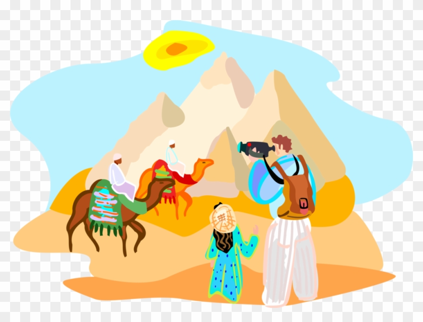 Vector Illustration Of Tourists Video Camels At Great - Egypt Tourist Clipart #1119157