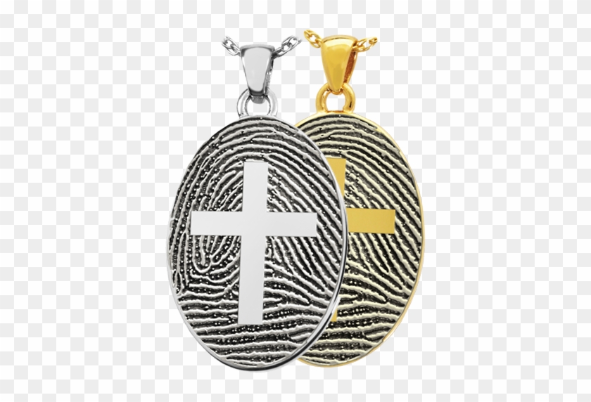 Flat Oval Fingerprint Jewelry With Cross Shown In Silver - Fingerprint Oval Sterling Silver Cremation Pendant #1136161