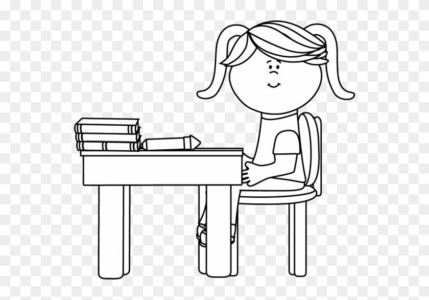 Black And White School Girl Sitting At A Desk - Girl At Desk Clipart Black And White #1139696