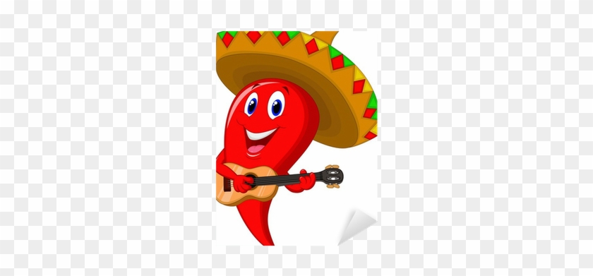 Chili Pepper Mariachi Wearing Sombrero Playing A Guitar - Cartoon Chili Pepper #1145383