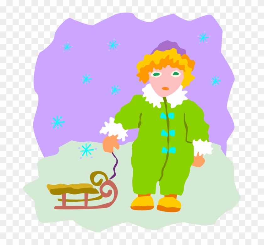 Vector Illustration Of Young Girl Pulling Toboggan - Illustration #1154520