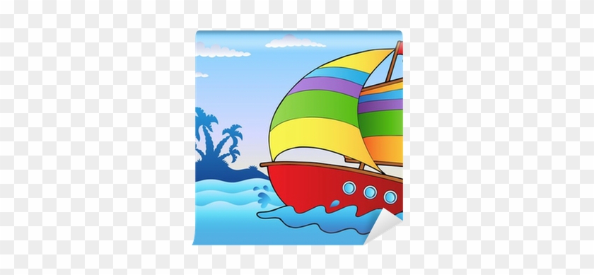 Cartoon Sailboat Near Small Island Wall Mural • Pixers® - Sailboat Cartoon #1154672