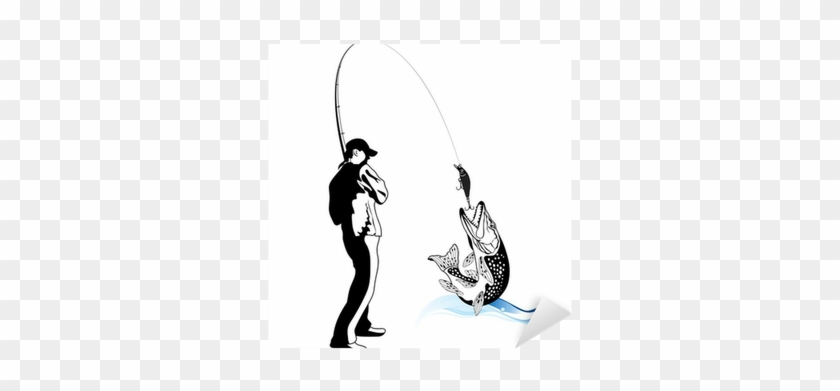 Fisherman Caught A Pike, Vector Illustration Sticker - Logo Fishing Spinning #1159713