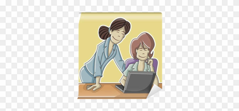 Cartoon Business Woman Working On Office Computer Wall - Business #1160772
