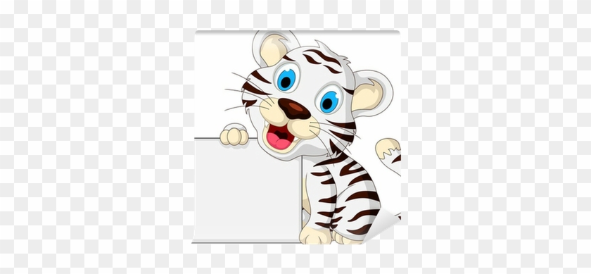 Cute Baby White Tiger Posing With Blank Sign Wall Mural - Clip Art #1167230