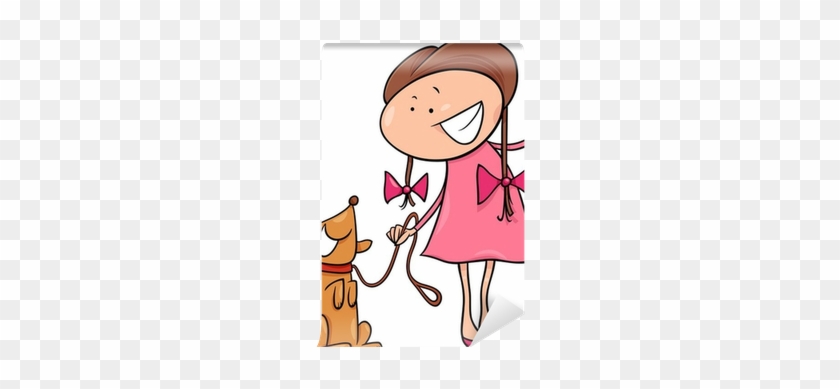 Cute Girl With Dog Cartoon Illustration Wall Mural - Chica Con Un Perrito Animado #1170922