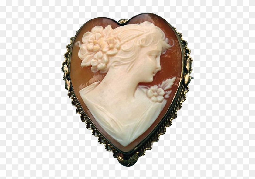 Lovely Art Deco Heart Shape Carved Shell Cameo Pin - De Mito #1172870
