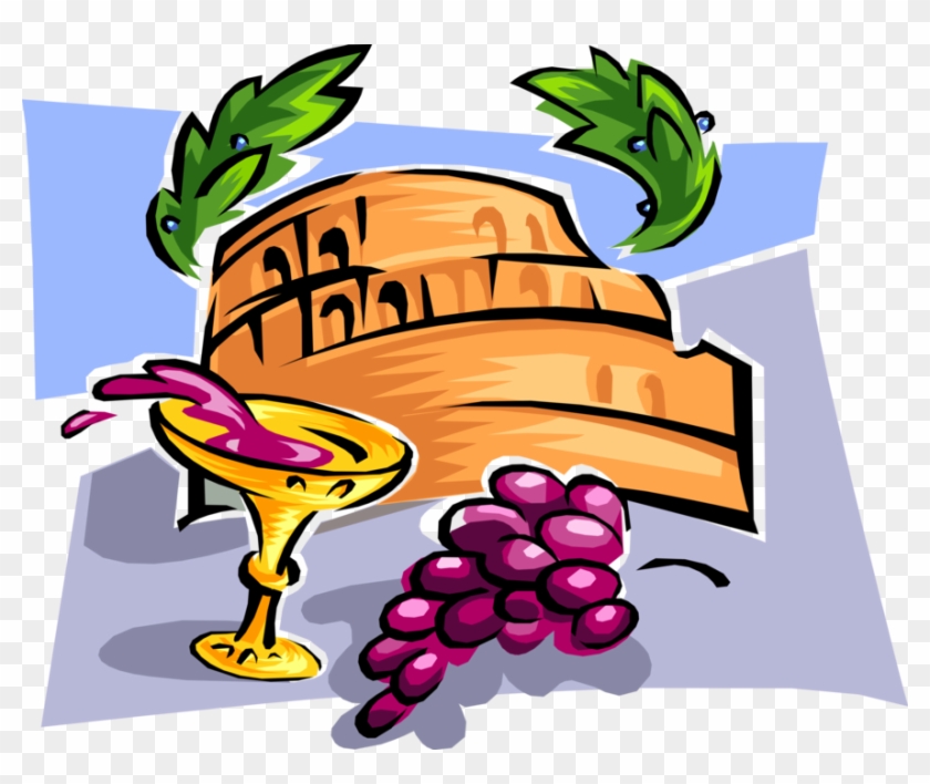 Vector Illustration Of Wine And Fruit Grapes With Coliseum - Italien Clipart #1178479
