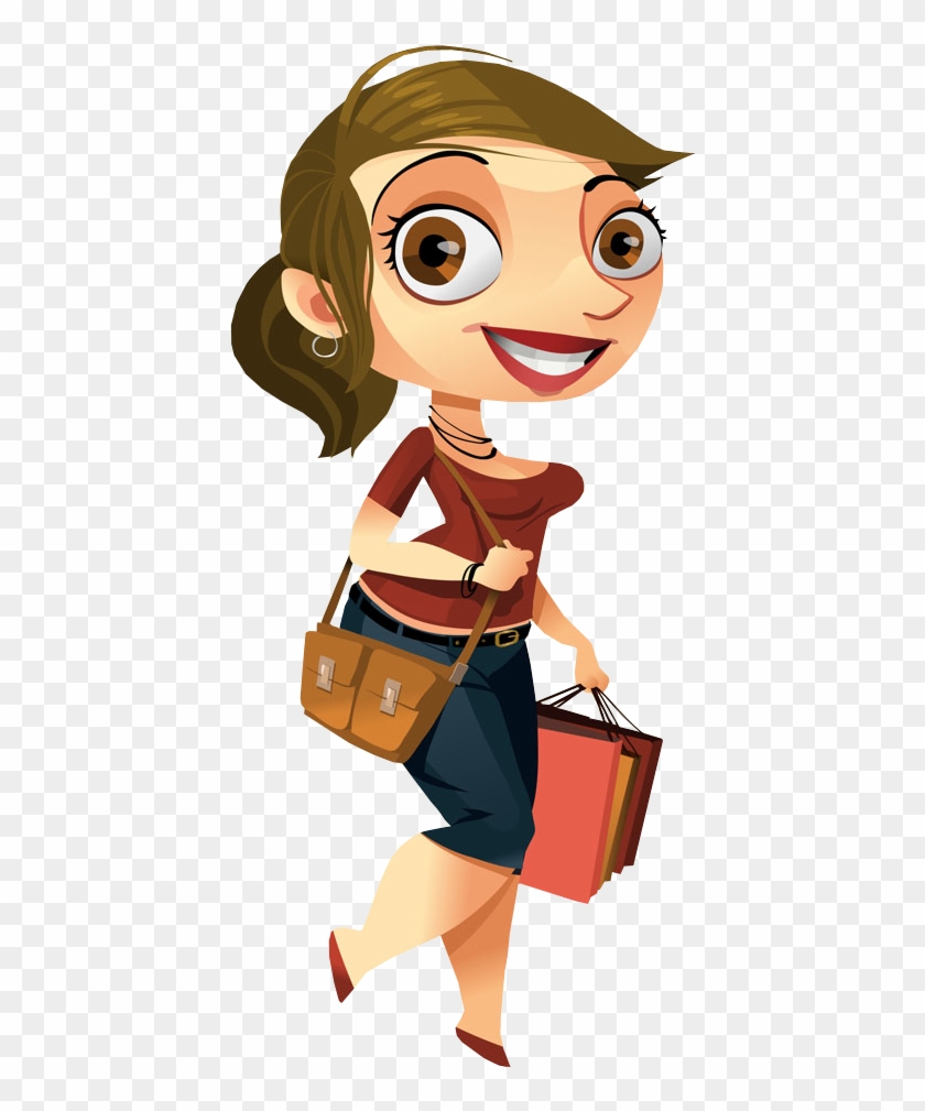 Cartoon Pretty Woman Walking With Shopping Bags - Bank #1179416