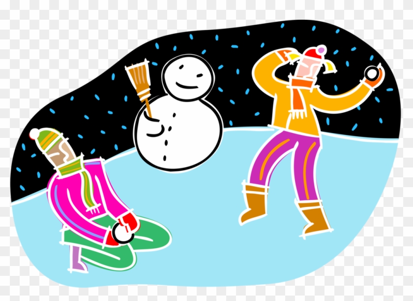 Vector Illustration Of Children Building Snowman Anthropomorphic - Cartoon #1181679
