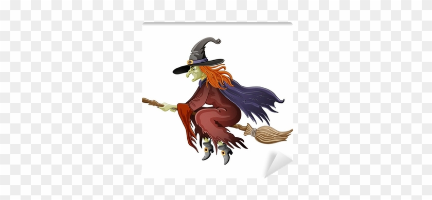 Illustration Of Halloween Witch Flying On Broom Wall - Sorciere A Balai #1182390