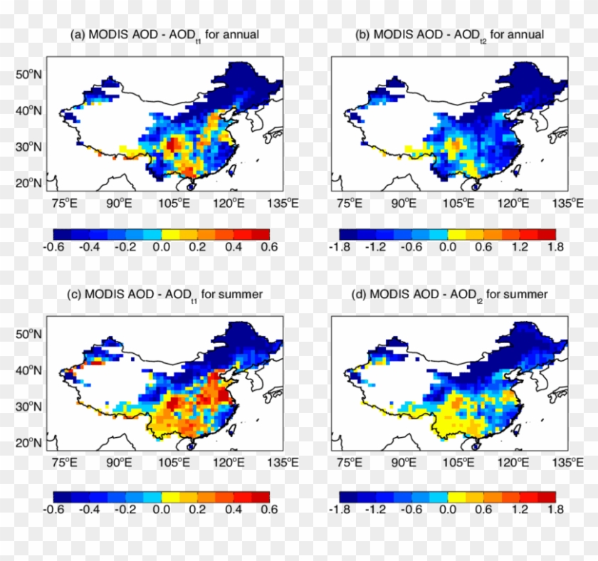 Differences Between Modis Aod And Two Derived Aod Thresholds - Map #1182652