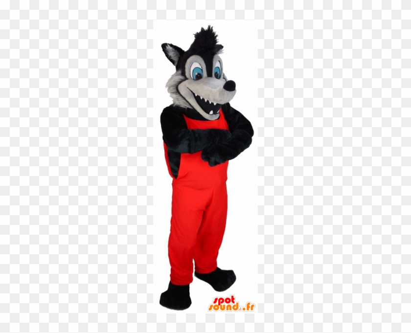 Mascot Black And Gray Wolf In Red Overalls - Fantasia De Lobo Mau #1183445