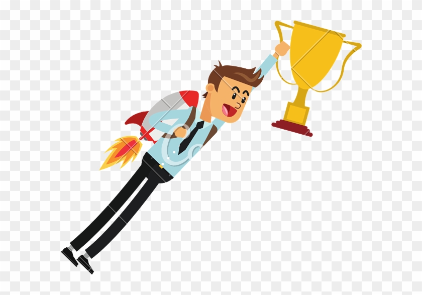 Flying Businessman With Jetpack Holding Trophy Cup - Trophy #1192417