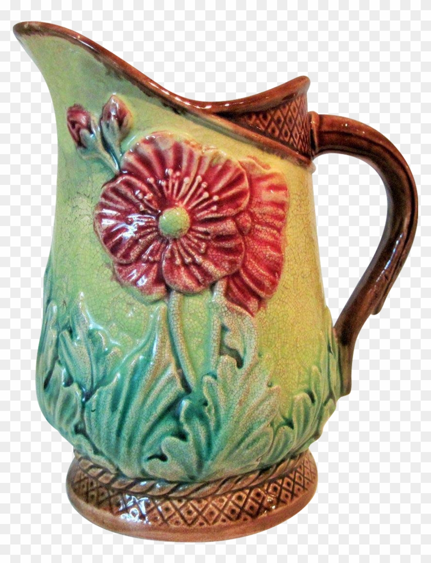 Circa 1880's Antique Majolica Cream Pitcher 'red Poppy' - Jug #1196055