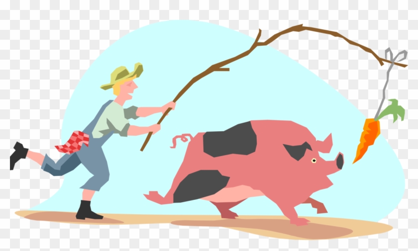 Vector Illustration Of Country Boy With Pig Chasing - Pig Chasing Carrot #1196133