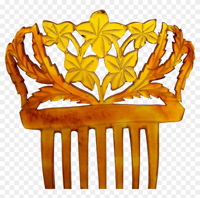 Victorian Spanish Style Hair Comb Carved Steer Horn - Victorian Spanish Style Hair Comb Amber Carved Steer #1197717