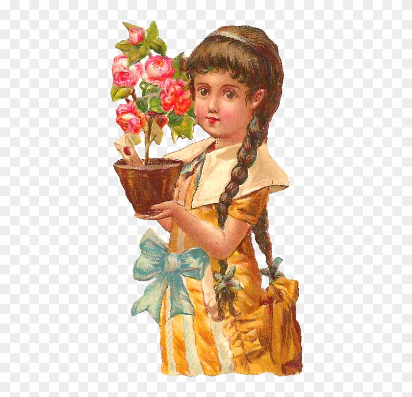 Adorable Victorian Scrap Of A Girl Holding A Pink Rose - Antique #1199093