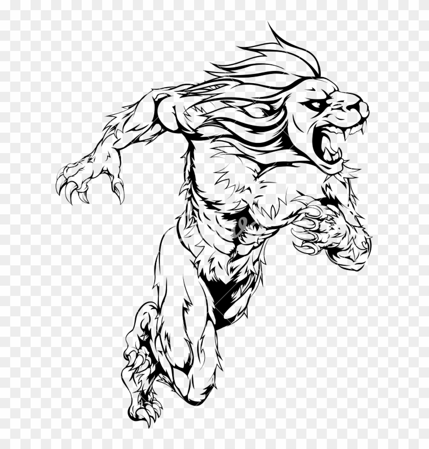 Lion Sports Mascot Running Illustratio - Lion Head Human Body Drawing #1199438