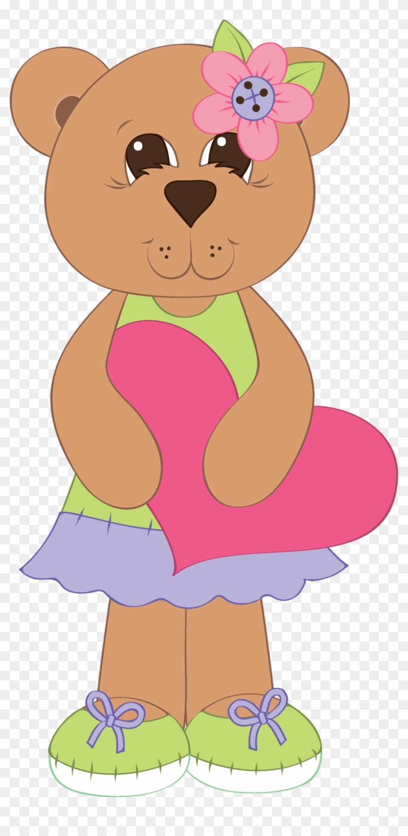 Bear In Green Dress & Shoes Holding A Pink Heart - Teddy Bear #1200989