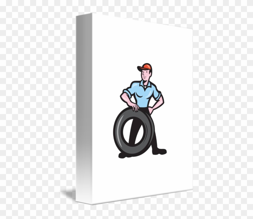 Tireman Mechanic With Tire Cartoon Isolated Card #1202714