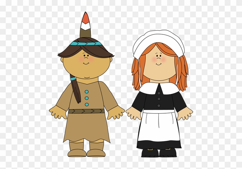 Indian Girl & Pilgrim Girl Clip Art - Thanksgiving Pilgrim And Indian #1203138