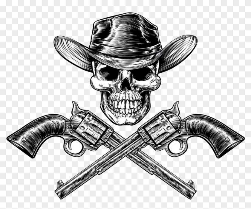 Skull Cowboy In Hat And A Pair Of Crossed Gun Revolver - Crossed Guns #1203839