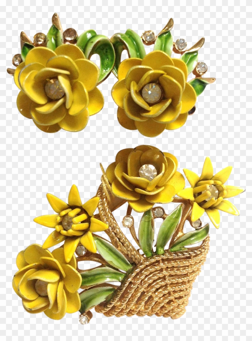 Rare Signed Trifari 1950's Enamel Yellow Flowers Earrings - Rare Signed Trifari 1950's Enamel Yellow Flowers Earrings #1206987