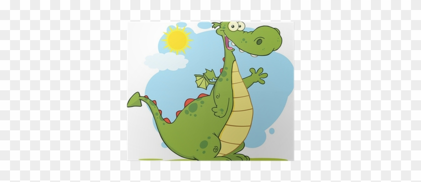 Green Dragon Cartoon Mascot Character Waving Poster - Vector Graphics #1211731