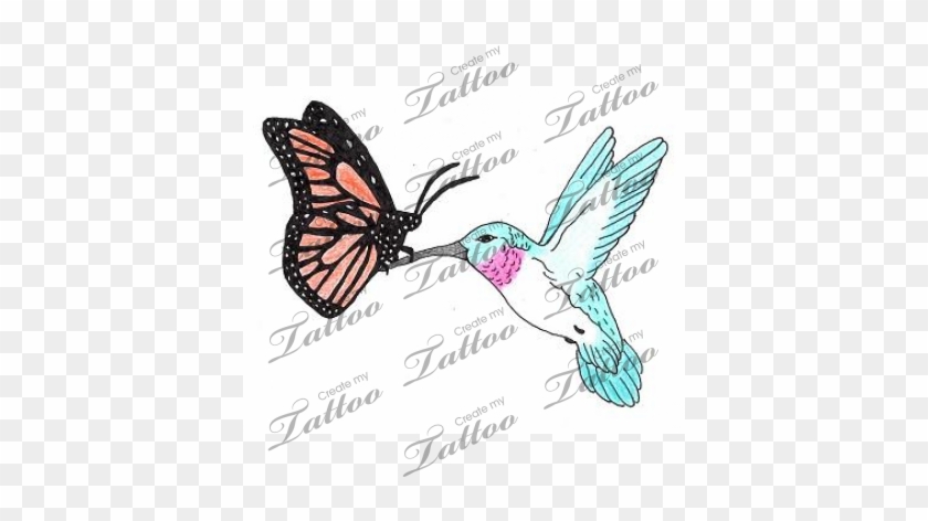 Marketplace Tattoo Brightly Colored Hummingbird W/ - Hummingbird And Butterfly Tattoos #1212251