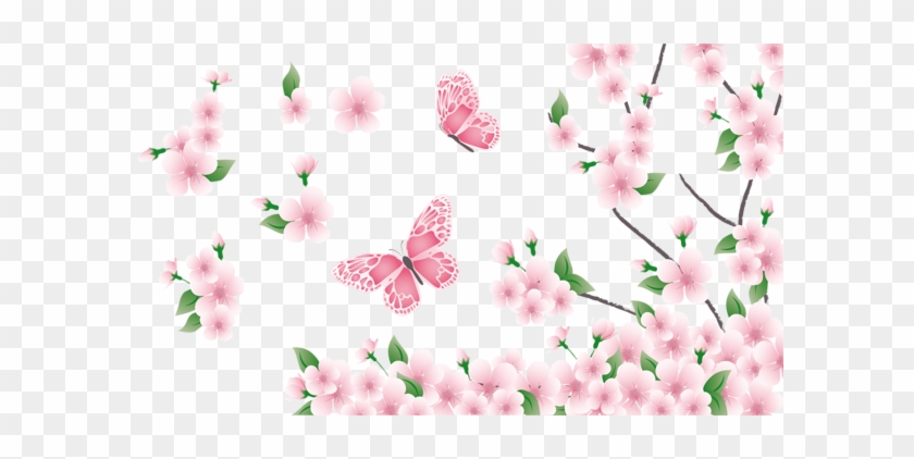 Spring Branch With Pink Flowers And Butterflies Png - Pink Flower Png #1212570