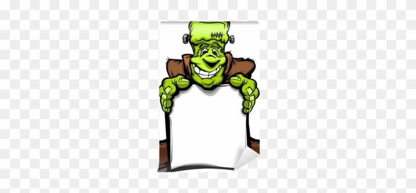 Happy Frankenstein Halloween Monster With Sign Cartoon - Clip Art #1213715