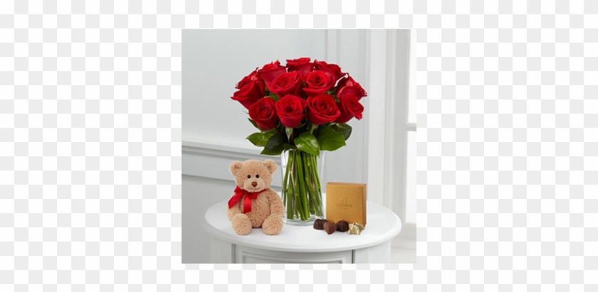 A Dozen Red Roses With Bear And Godiva Chocolates - Flowers For Your Boyfriend #1214360