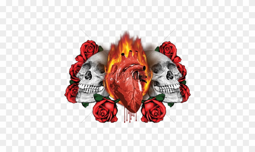 2 Skulls Flaming Heart - T Shirt Red Tones With Tattoo Gothik Motif Model Skull #1214515