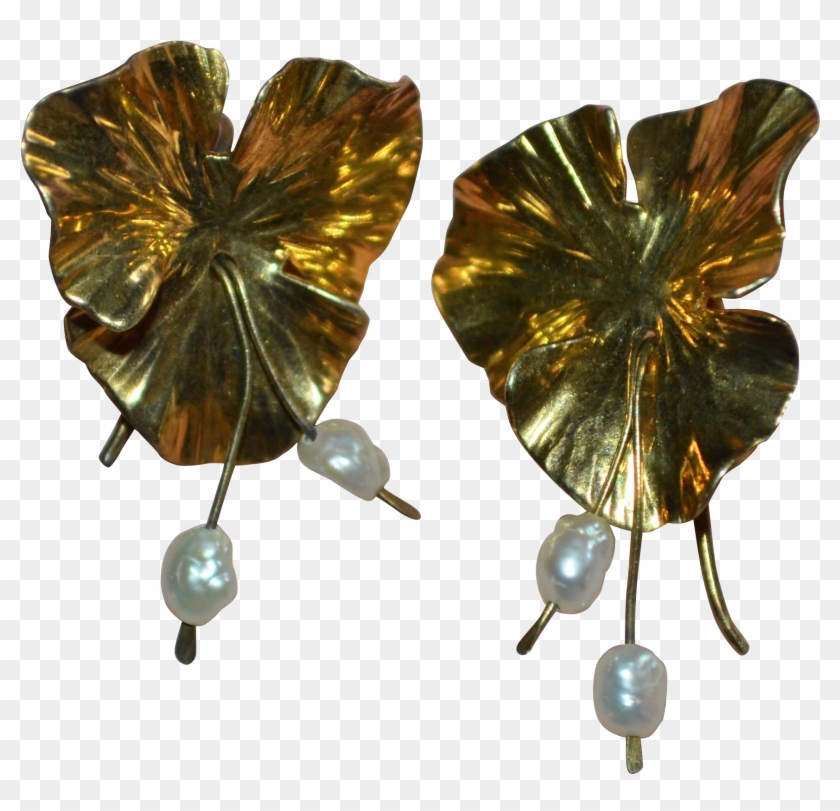 Signed Pearce Sterling Vermeil Lily Pad & White Natural - Earrings #1218101