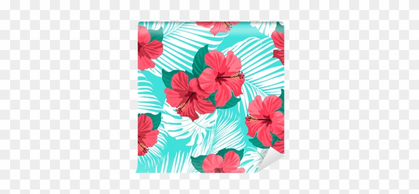 Tropical Flowers And Palm Leaves On Background - Background Hawaiian Flowers #1219153