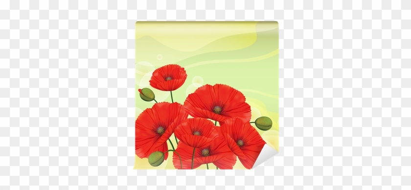 Red Poppies On Green Background, Vector Wall Mural - Flower Bouquet #1219493
