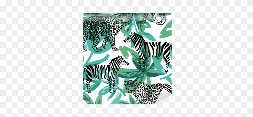 Leopard, Zebra On The Green Palm Leaves Background - Leopard #1219649