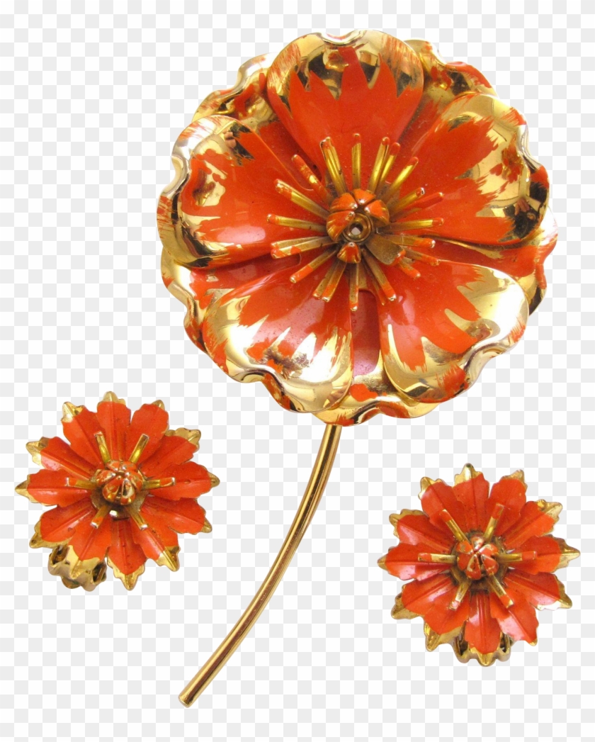 Vintage Orange Mum Enamel Flower Pin And Earring Set - Zinnia #1219745