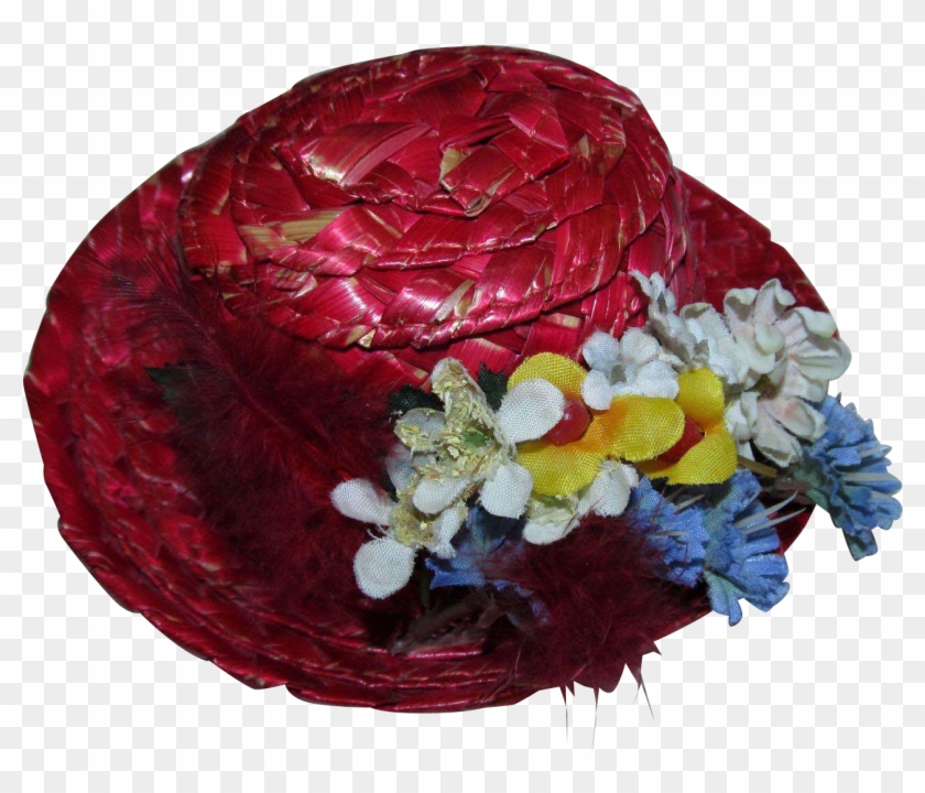 Vintage 1950s Red Straw Doll Hat With Dried Flowers - Artificial Flower #1220200