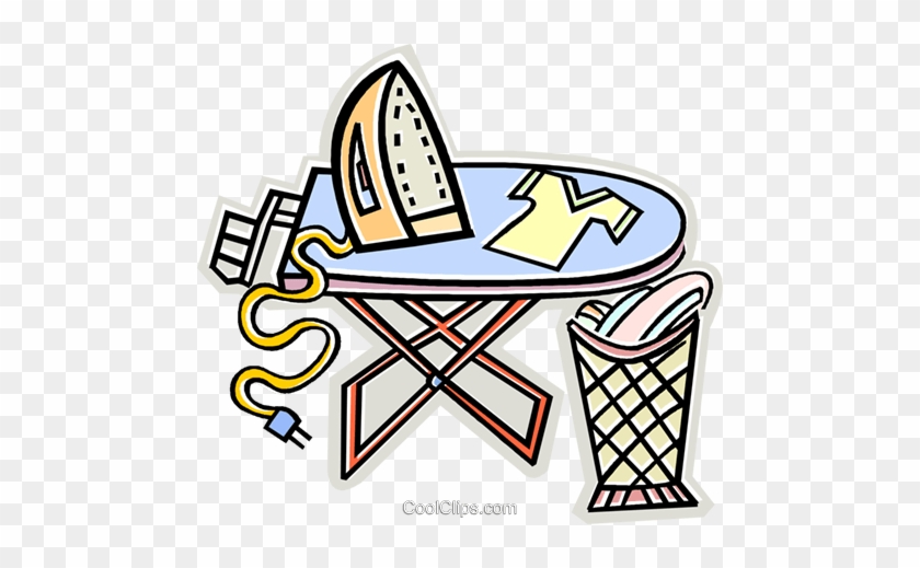 Ironing Clothes Royalty Free Vector Clip Art Illustration - Cartoon Iron And Ironing Board #1224047