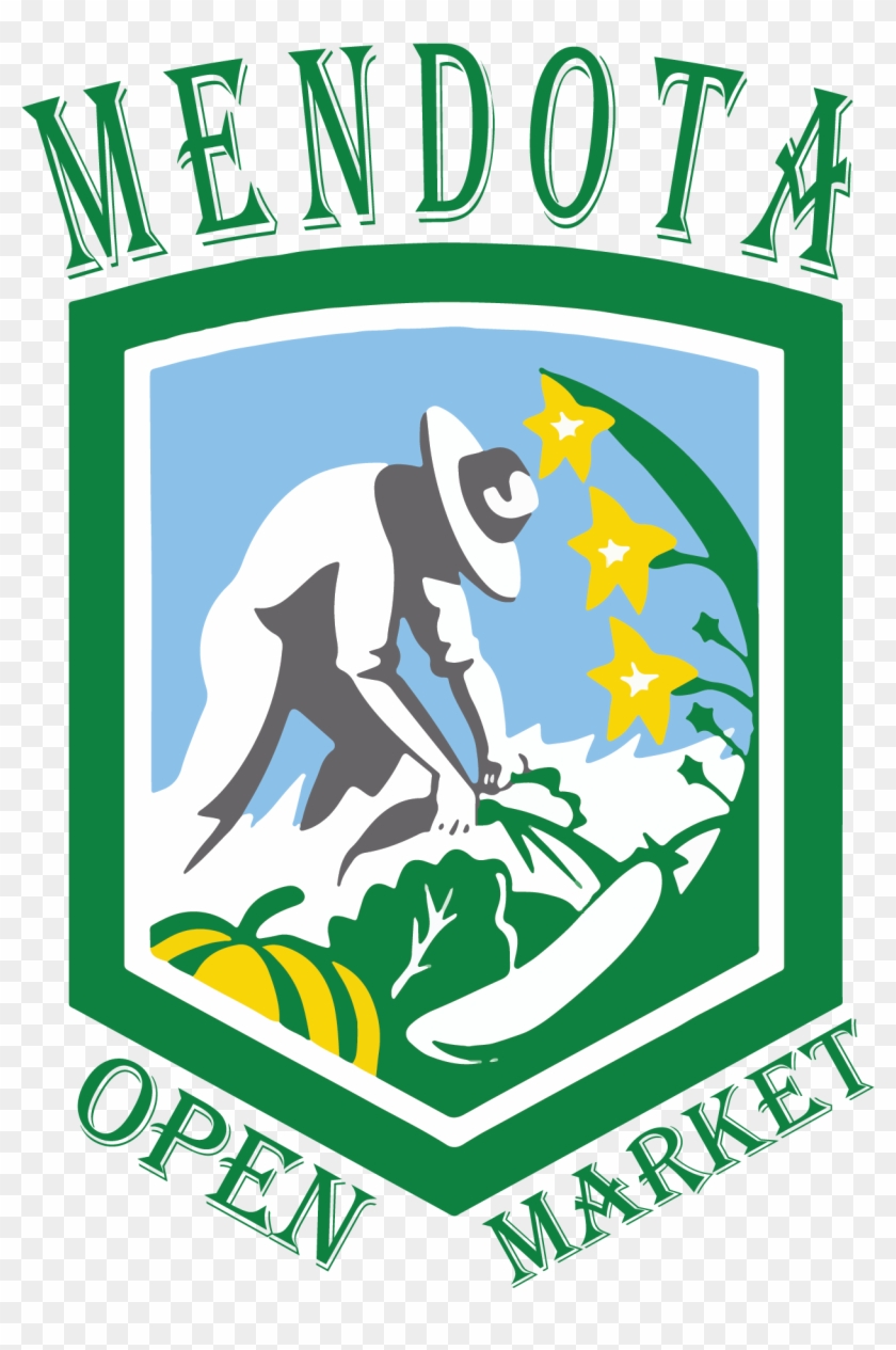 Mendota Farmers Market Logo Final - Organic Farmer Cultivating Vegetables Shield Card #1224427