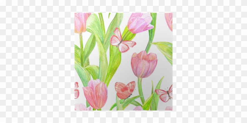 Seamless Texture With Lovely Pink Tulips And Butterflies - Painting #1229876